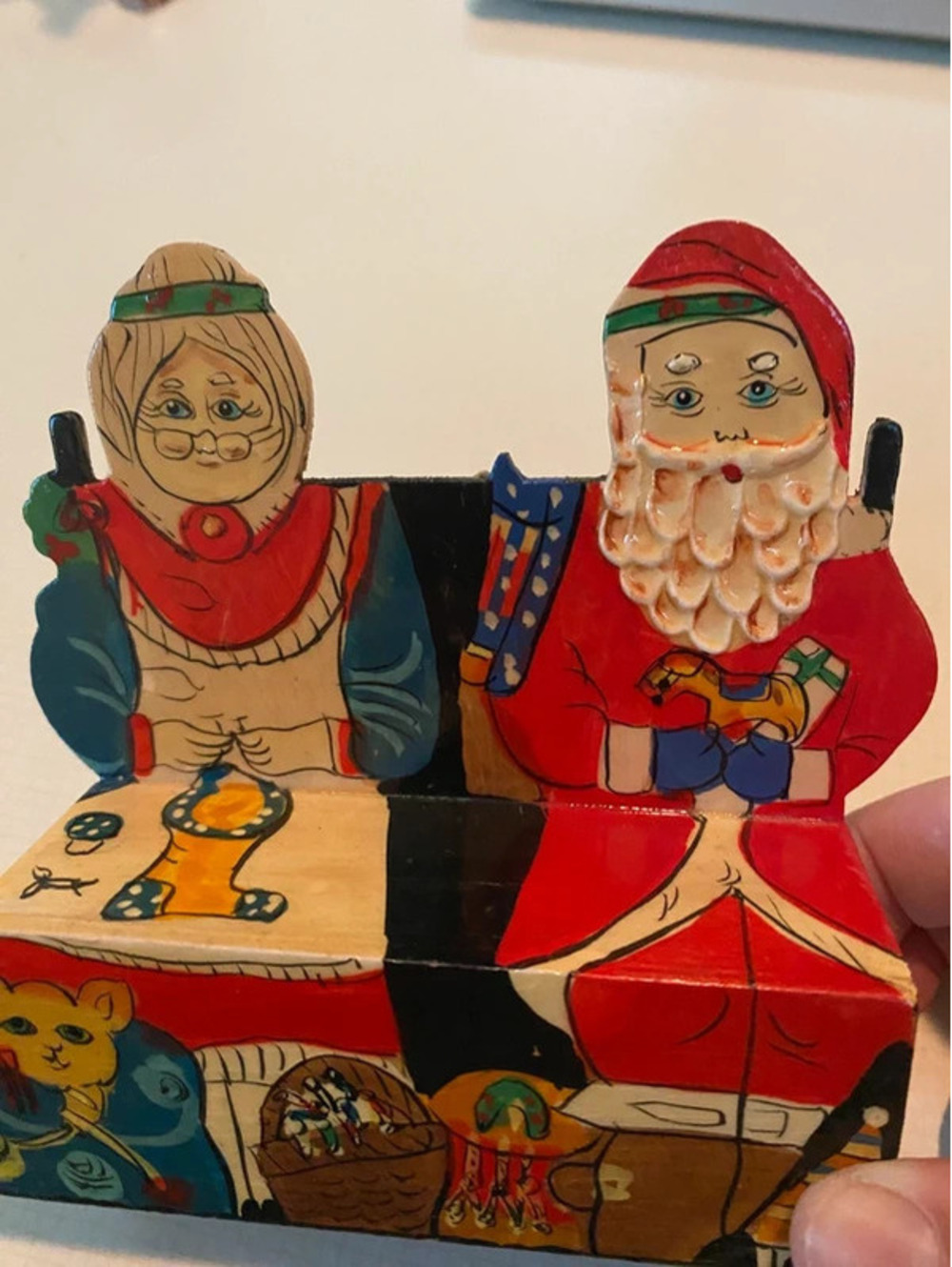 Vintage Wooden Christmas Ornaments Santa Mrs. Claus Painted Chair